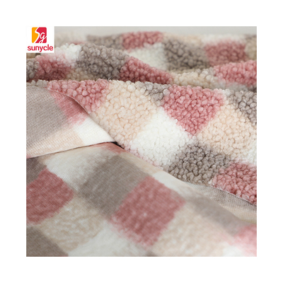 Plaid Printed Sherpa Fleece Fabric 300gsm Untuk Tas Pelapis Hometextile